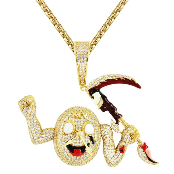 Mens 14k Gold Plated Emoji 100 Cz Pendant Hip-Hop 27" 3mm Cuban Chain & Earrings Mens 14k Gold Plated Emoji 100 Cz Pendant Hip-Hop 27" 3mm Cuban Chain & Earrings